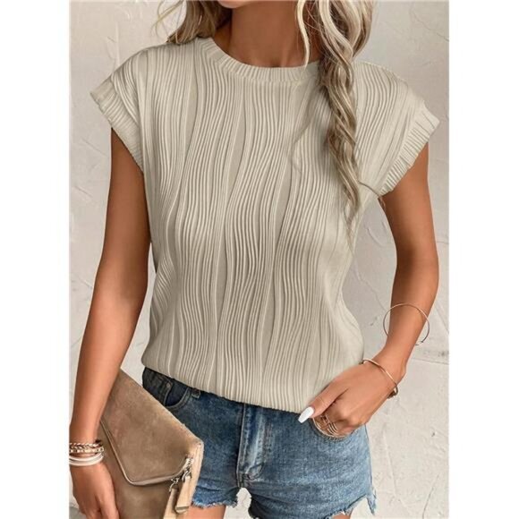 Women's Short Sleeve Textured Crewneck Tops - Knit Solid Casual Basic T-Shirts - Picture 2 of 7
